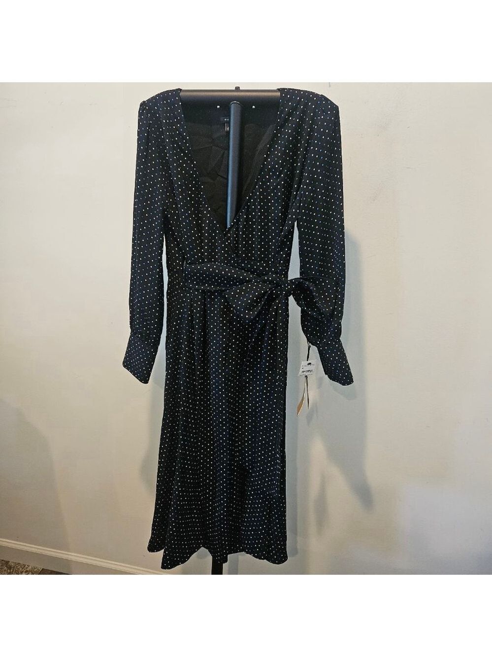 Women's Halogen NWT Wrap Midi Dress XS Black, Multicolor Polka-dots